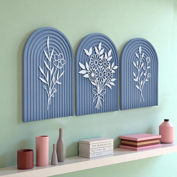 Pack of 3 Boho Floral Wall Art with Blue Arched Wood Base and White Acrylic Flower Cutouts Boho Decor 22x31 cm