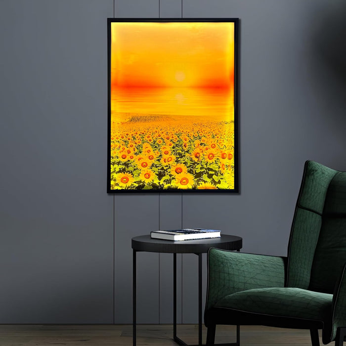 Framed Canvas Art Print with LED Light Canvas Wall Art, Sun and Field of Sunflower Painting with LED Decorative Wall Decor 43x58 cm