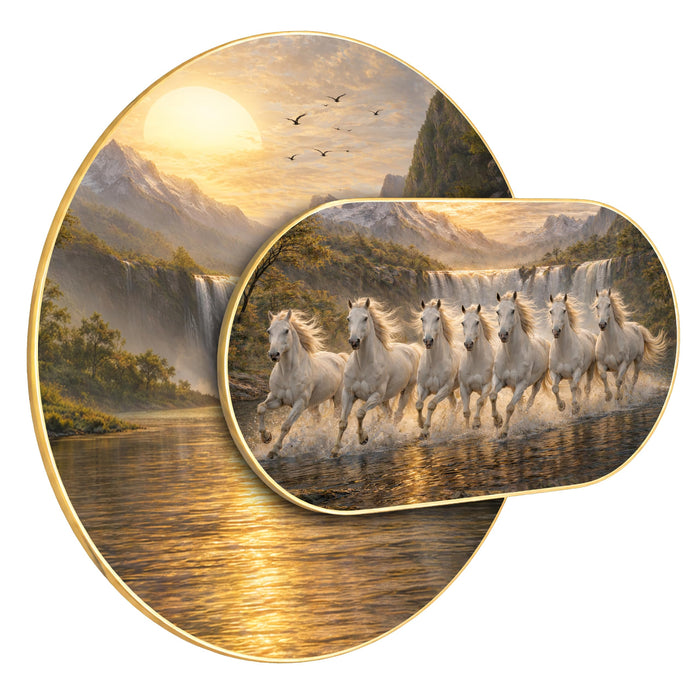 7 White Running Horses Framed Painting For Living Room Abstract Vastu Sunrise Unique Layered Home Wall Decor- 56x82 cm