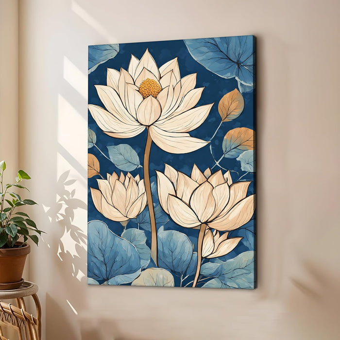 Abstract Stretched Canvas Multicolor Wall Art Painting Beige Lotus Abstract Beautiful Wall D̩cor in Blue, Brown and Orange for Living Room, Bedroom, Office ‰ÛÒ 22x34 Inch