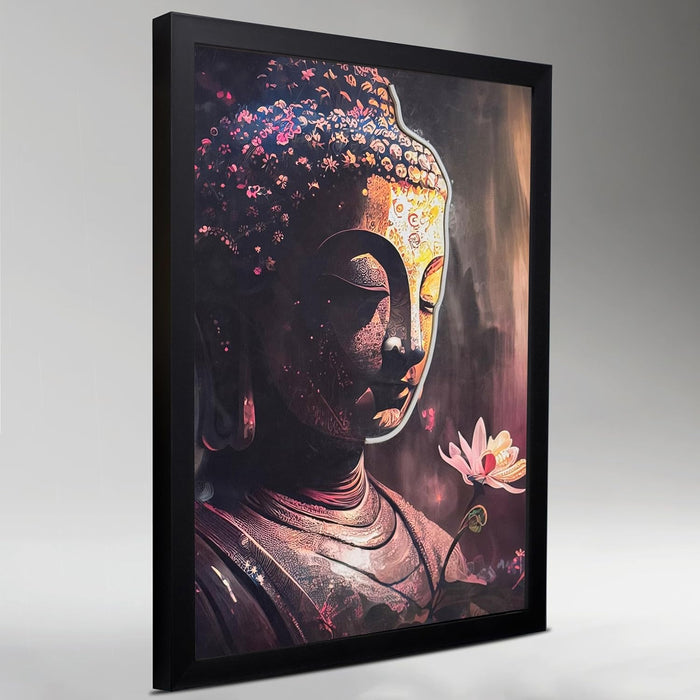 LED Buddha Wall Art Print with Wooden Frame, Feng Shui Vastu Wall Decor, Buddha Painting with LED Light - 43x58 cm