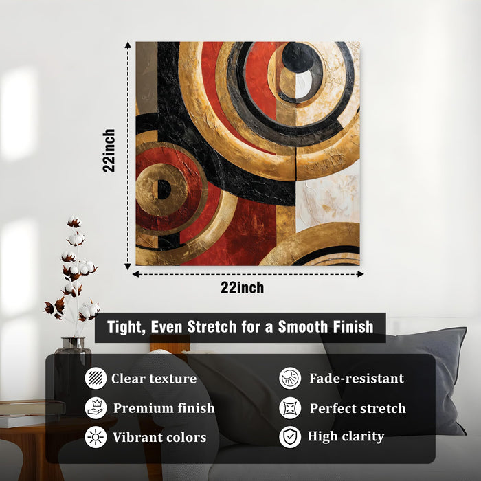 Gold & Red Abstract Geometric Stretched Canvas Wall Art Painting For Living Room, Textured Metallic Circles Painting, Modern Home Decor for Living Room, Office & Hallway (56xx56 cm)