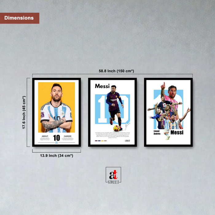 Lionel Messi Soccer Player Sports Painting With Frame for living room, Football Player Framed Wall Art Painting for Home Decor Set of 3, Size 13.6 by 17.9 Inch