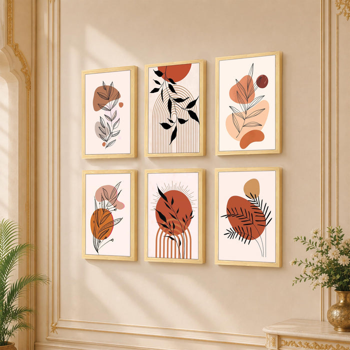 Botanical Boho Wall Art Painting for Living Room, Minimalist Abstract Aesthetic Wooden Framed Wall Art Print for Living Room, Bedroom, Office & Home Decor (Set of 6, 13x9 inch)
