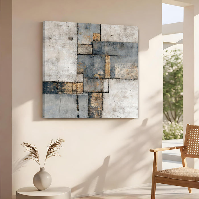 Abstract Industrial Tranquility Stretched Canvas Art Painting For Living Room, Gold & Blue Geometric Square Painting, Contemporary Decor for Living Room, Office & Home Decor (56xx56 cm)
