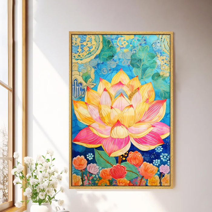 Modern Abstract Multicolor Lotus Flower Art Stretched Canvas Painting with Frame – Canvas Wall Art – 23x35 Inch Framed Canvas
