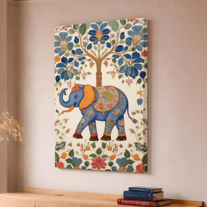 Elephant Tree of Life Stretched Canvas Painting For Living Room | Madhubani Animal Stretched Canvas Wall Art For Livingroom Home Decor, Bedroom, Hallway's, Office, Hotel - 56x86 cm
