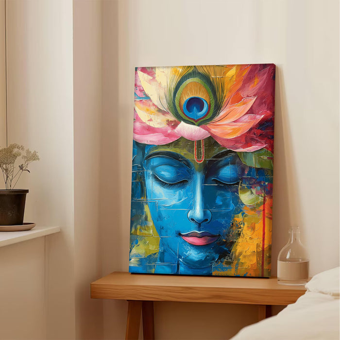 Abstact Art Shree Krishna Closed Eyes Face Wall Decor Print Multicolor | Canvas Painting Stretched on Wood | Suits For Mandeer (16x22 Inch)