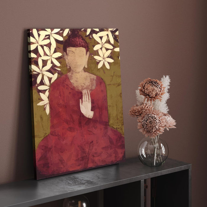 Art Street Stretched On Frame Canvas Painting Calm buddha in Red Choga Art For Living Room, Decorative Home & Wall Décor Abstract Art (Size: 16x22 Inch)