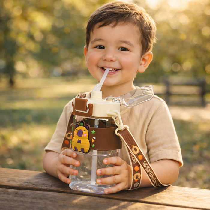 Art Street Water Bottle for Kids – 550ML Square Sipper with 3D Silicone Charm, Adjustable Shoulder Strap, Leak-Proof & BPA-Free Portable Travel Bottle for School & Outdoors (Brown, 7x3)