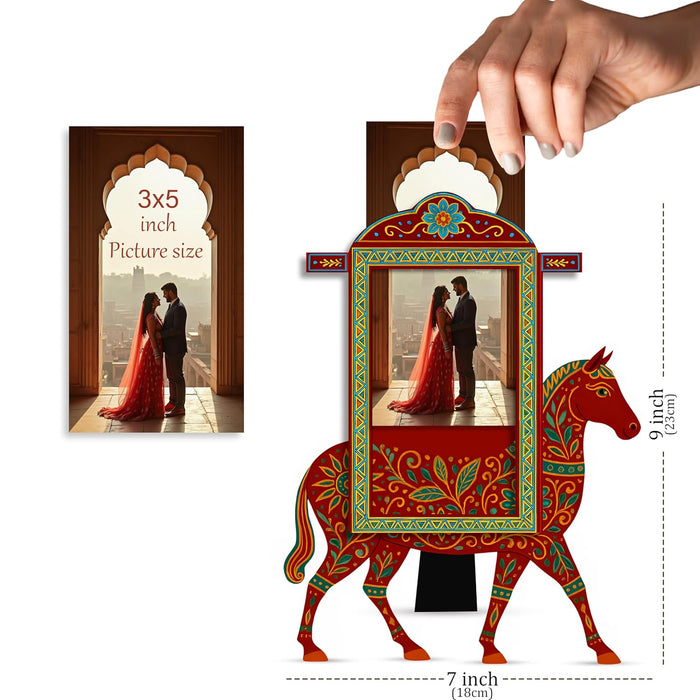 Horse Photo Frame Handcrafted Indian MDF Decorative Tabletop Frame Ethnic Rajasthani Handpainted Wooden Horse Photo Frames 18x23 cm