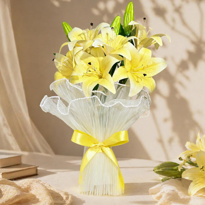 Art Street Artificial Yellow Lily Flower Bouquet with Decorative Wrapping | Realistic Fake Flowers