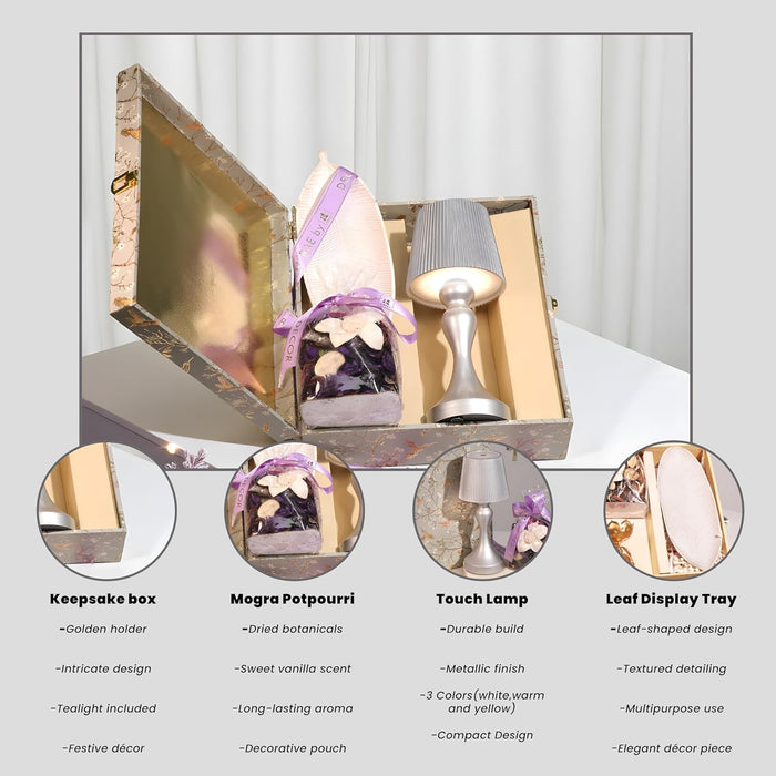 Diwali Gift Hamper Box with Table Lamp, Vanilla Scent Potpourri and Tray, Friends and Relatives (Pack of 3)