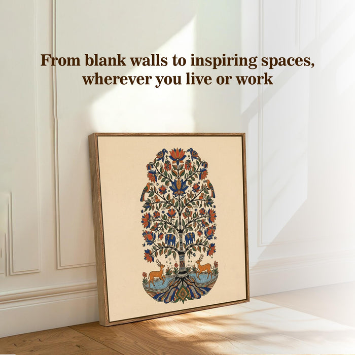 Kalamkari Tree of Life Framed Painting For Living Room | Madhubani Folk Animal Tree Large Canvas Painting With Frame Wall Art For Bedroom, Hallway's, Office, Hotel, Size 58x58 cm