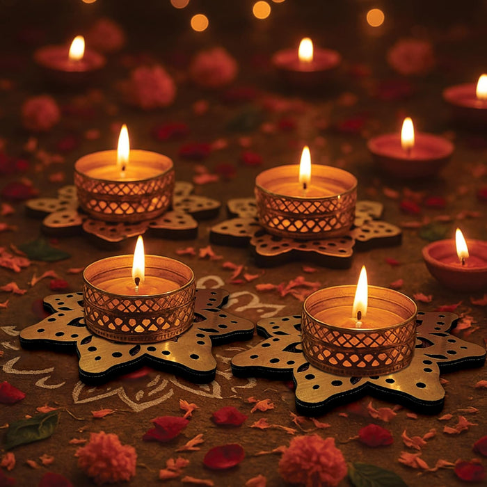 Decorative Diwali Tealight Diya Holders for Home Decoration, Dipawali Décor Items, Diwali Temple Decoration - MDF Wood Tea Light Candle Holder Star Floral Shaped Stand –11x11 cm