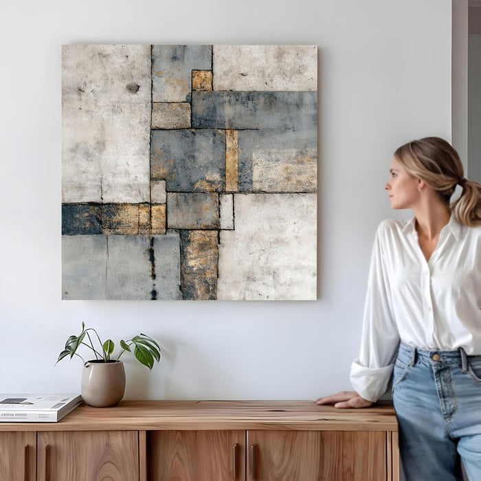 Abstract Industrial Tranquility Stretched Canvas Art Painting For Living Room, Gold & Blue Geometric Square Painting, Contemporary Decor for Living Room, Office & Home Decor (56xx56 cm)