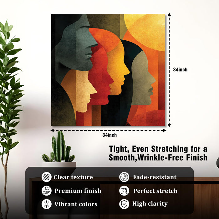 Boho Cubist Faces Stretched Canvas Painting For Living Room | Abstract Portrait Wall Art Large Canvas Painting For Livingroom Home Decor, Bedroom, Hallway's, Office, Hotel - 86x86 cm