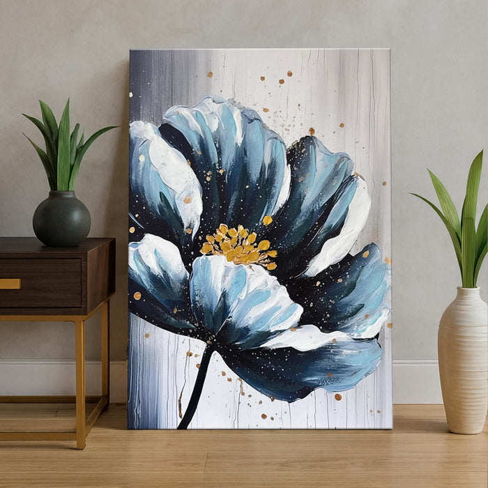 Wall Art Abstract Flower Stretched Canvas Painting Blue and Gold Floral Painting Abstract Paintings for Bedroom Office Wall Décor Hand Painted Canvas Art 3D Textured Floral 61x91 cm