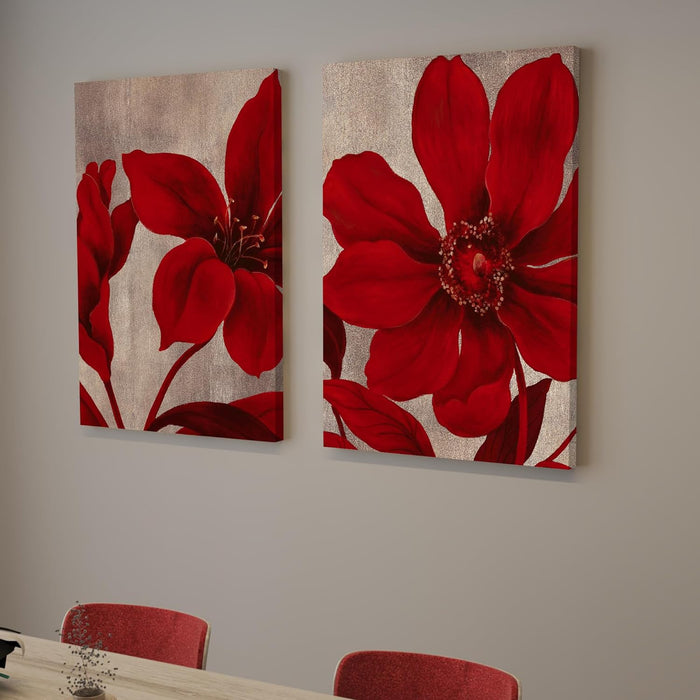 Art Street Stretched Canvas Painting Red Floral Wall Decoration Print For Living Room Decoration (Set of 2, Size: 16x22 Inch)