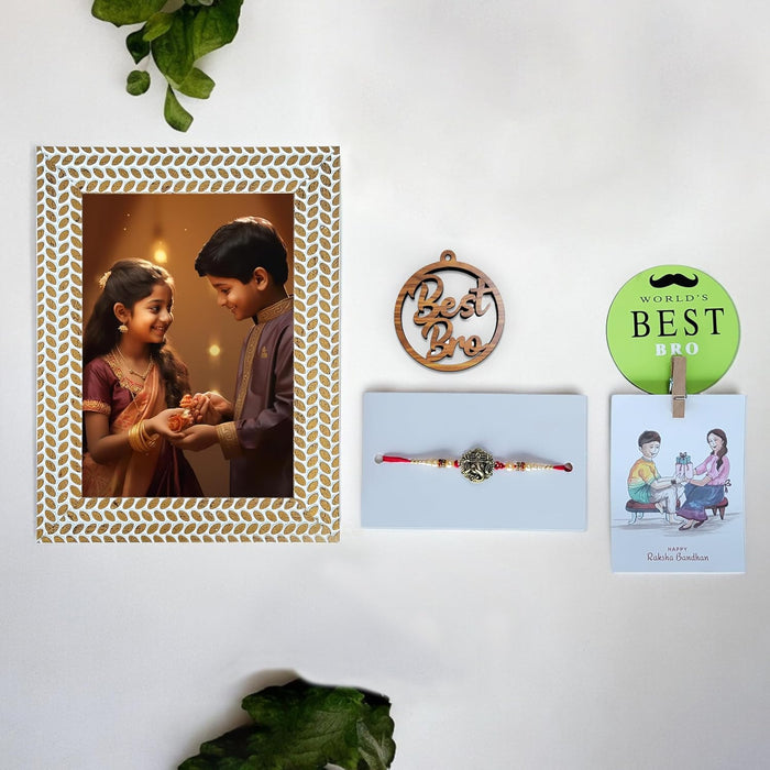 Art Street Rakhi Gift Hamper Combo Set-One 5x7 Inch Photo Frame With Ganesh Rakhi for Brother, Best Bro Keychain, One Photo Clip Best Brother Fridge Magnet Rakshabandhan Rakhi