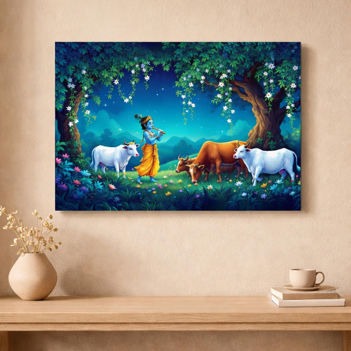 Lord Krishna Canvas Wall Painting with Cows | Vrindavan Krishna Flute Art | Spiritual Religious Wall Decor for Living Room, Bedroom, Office (16x22 Inch)