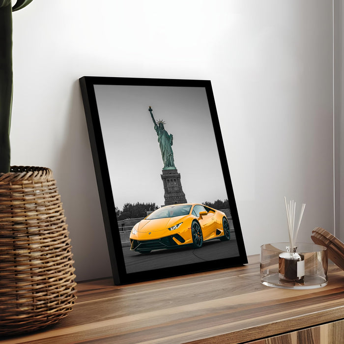 Automotive Wall Art Print for Boys and Man Room with Yellow Sports Car Illustration in Front of Statue of Liberty 32x44 cm