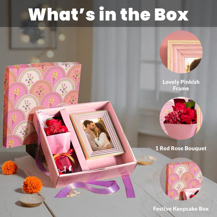 Art Street Valentine Gift Hamper Box with Photo Frame, One Red Rose Bouquet Valentine Celebration and Gift for Family, Friends and Relatives (Pack of 3)