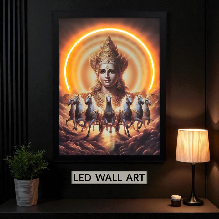 Surya Dev LED Wall Art, Vastu & Feng Shui Painting with LED Light, Spiritual Artwork of Surya Dev Riding Seven White Horses, Wall Decor 43x58 cm