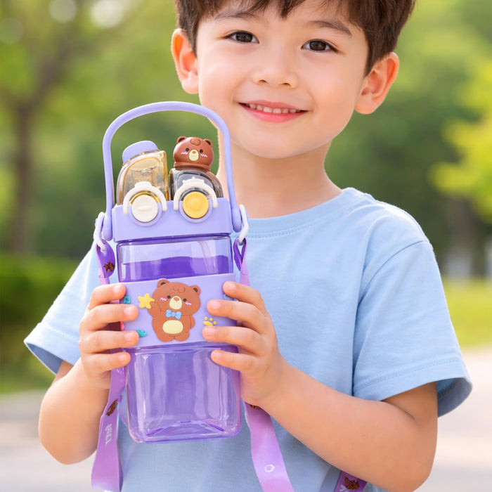 Art Street Cute Bear Kids Water Bottle with Straw & Strap - 580ml Leakproof BPA-Free Plastic Sipper—Cute Portable Dual-Drink Cartoon Tumbler for School, Girls & Boys (Purple, 17x7 cm)