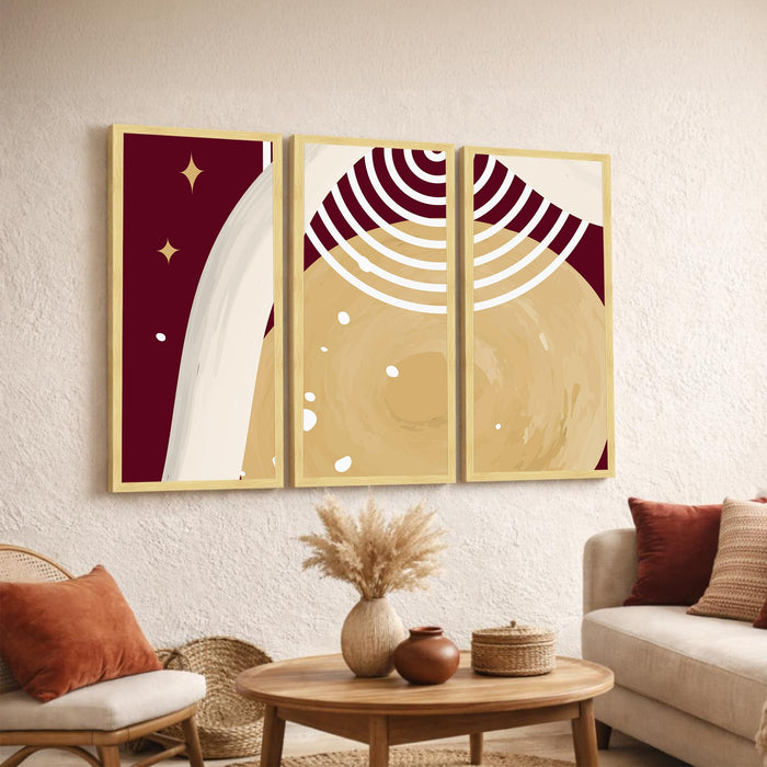Abstract Modern Framed Wall Art Set of 3 | Geometric & Celestial Boho Wall Décor | Engineered Wood Frame Art for Living Room, Bedroom & Office, 8.9x18.9 Inch