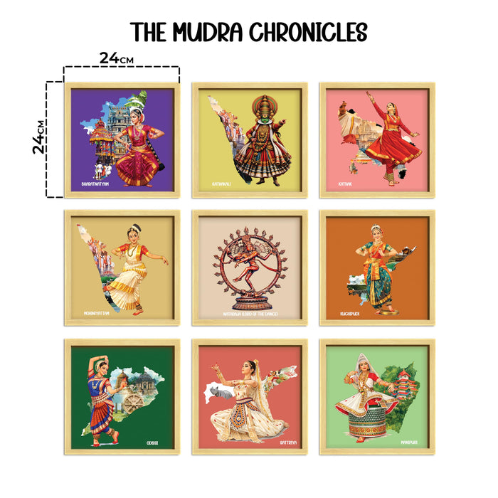 Indian Classical Dance forms Wall Art Paintings with Frame For Living Room | Traditional Indian Dance Culture Framed Wall Art Paintings for Home, Set of 9, (9x9 Inch)