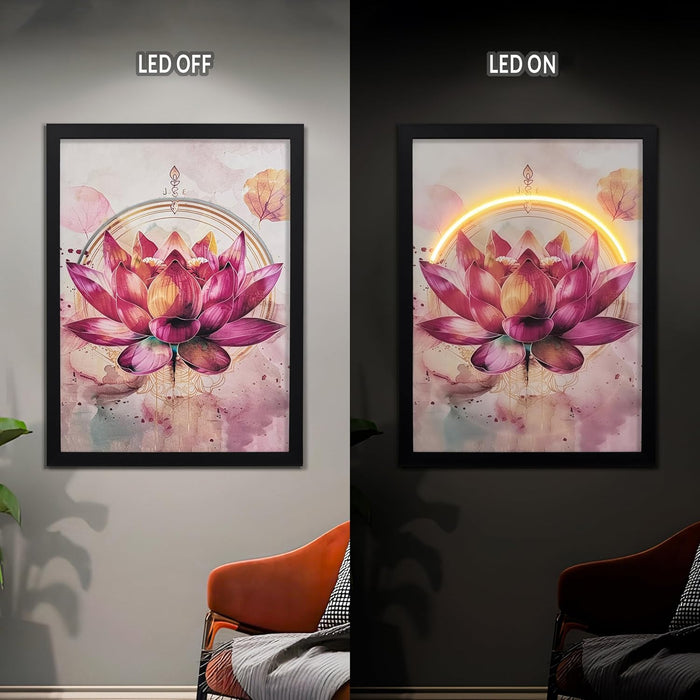 LED Lotus Flower Wall Art Print with Wooden Frame, Feng Shui Vastu Wall Decor, Lotus Painting with LED Light - 43x58 cm