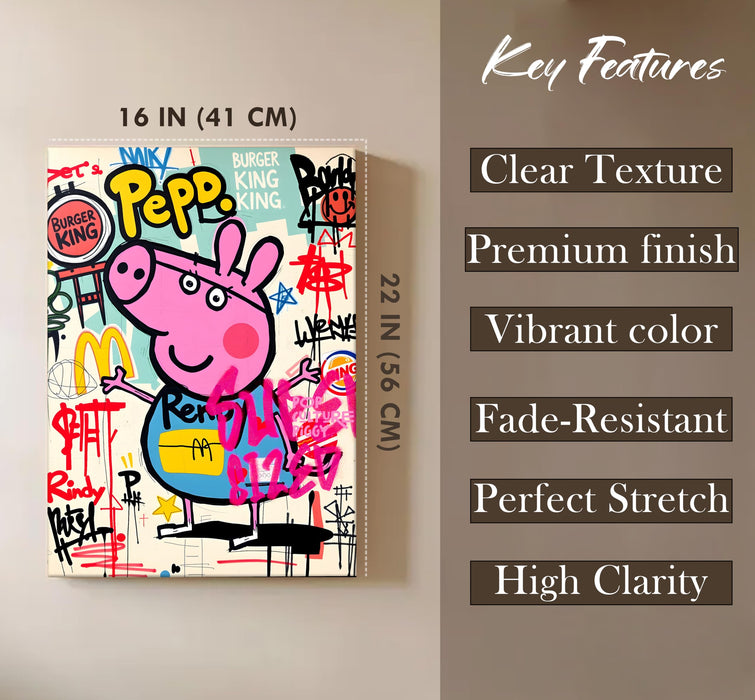 Cartoon Pig Graffiti Stretched Canvas Painting Print | Pop Art Street Style Wall Décor | Modern Abstract Canvas Art for Home & Office, 41x56 cm