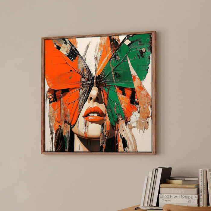 Large Framed Canvas Painting Women With Butterfly Wall Art Print, Decorative Modern Paintings For Home (Green, Size 23x23 Inch)