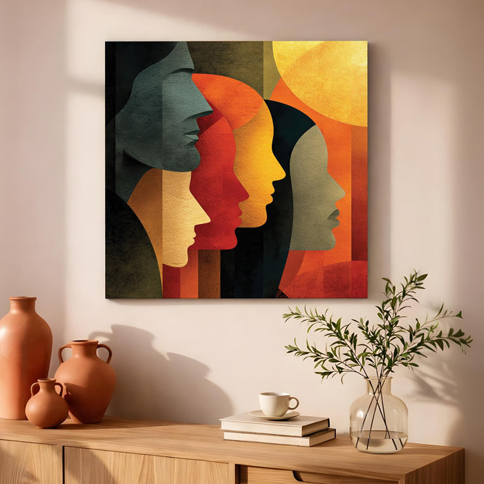 Boho Cubist Faces Stretched Canvas Painting For Living Room | Abstract Portrait Wall Art Large Canvas Painting For Livingroom Home Decor, Bedroom, Hallway's, Office, Hotel - 86x86 cm