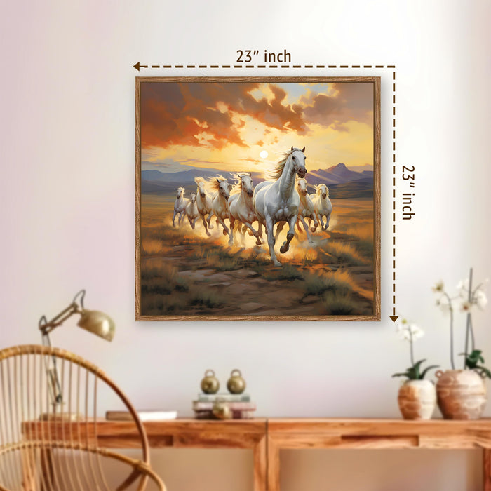 Vastu 7 Running Horses Framed Painting For Living Room | Feng Shui White Horse Large Canvas Painting With Frame Wall Art For Bedroom, Hallway's, Office, Hotel, Size 58x58 cm