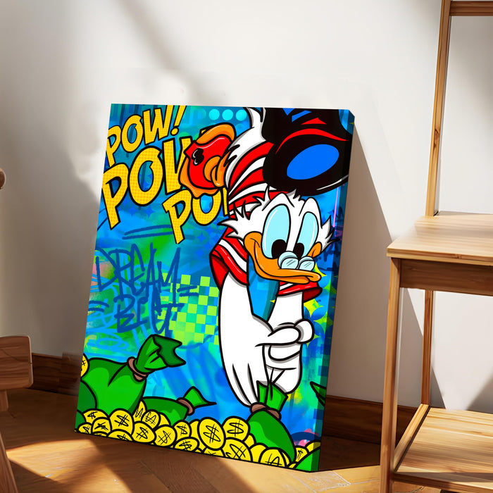 Pop Art Cartoon Duck Money Wall Painting | Comic Graffiti Style Stretched Canvas Art Print| Modern Street Wall Art for Home & Office, 41x56 cm