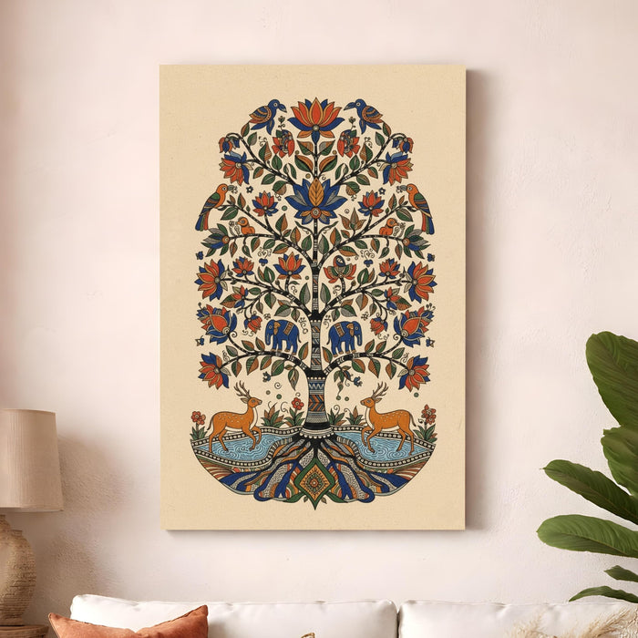 Madhubani Tree of Life Stretched Canvas Painting For Living Room | Indian Folk Nature Stretched Canvas Wall Art For Livingroom Home Decor, Bedroom, Hallway's, Office, Hotel - 56x86 cm