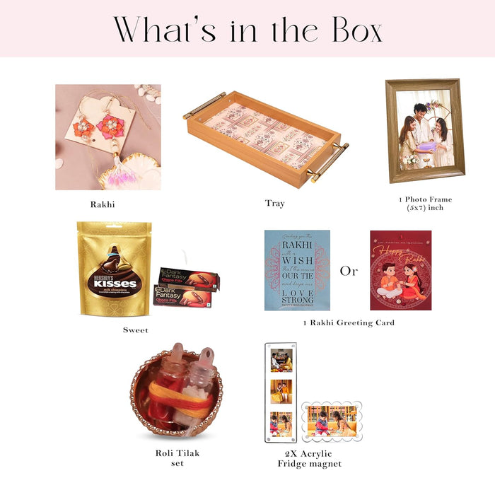 Rakshabandhan Chocolate Gift Hamper for Brother and Bhabhi, Photo Frame and Serving Tray, Flowers Rakhi with Chawal and Roli Gift Set for Celebrate Raksha Bandhan