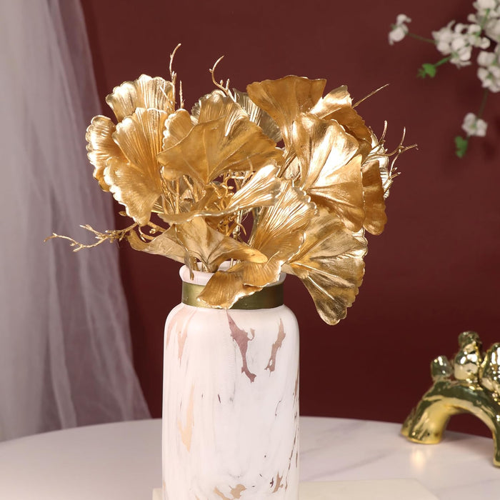 Golden Ginkgo Leaves Stems, Fake Faux Shrubs Made of PVC, UV Resistant Home Décor 31 cm