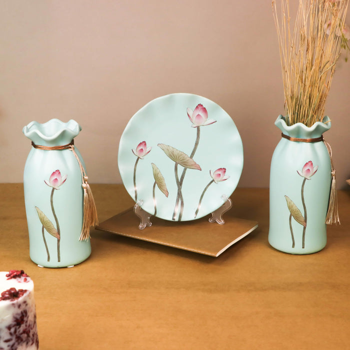Flower Pinted Ceramic Vases and Decorative Plate Combo for Décor (Sky Blue, 4.5x9 Inch and 8x8 Inch)