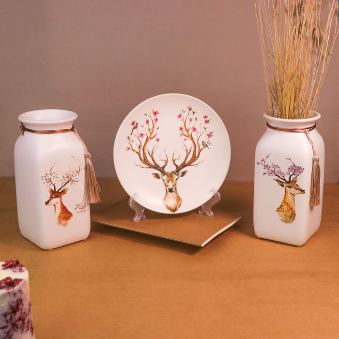 Flower and Deer Pinted Ceramic Vases and Decorative Plate Combo for Décor (White, 4.5x9 Inch and 8x8 Inch)