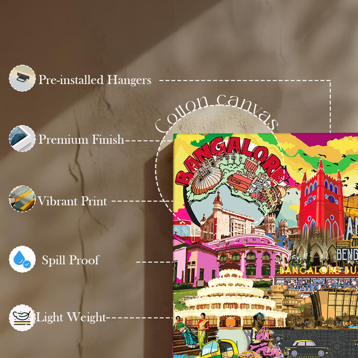 Bangalore Landmarks Collage Mixed Media Canvas Wall Painting | Travel pop art Canvas Wall Painting For Home and Office Wall Décor (41x56 cm)