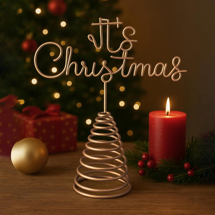 Festive Metal Gold Tree Topper It's Christmas Script Font Tree Decoration Spiral Base for Xmas-Tree Decor 19x21 cm