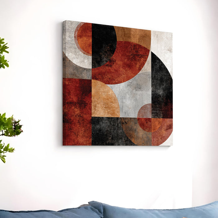 Modern Abstract Geometric Stretched Canvas Wall Art Painting For Living Room, Bauhaus-Inspired Rust, Terracotta & Black Circles Painting, Mid-Century Boho Decor for Living Room & Office (56xx56 cm)