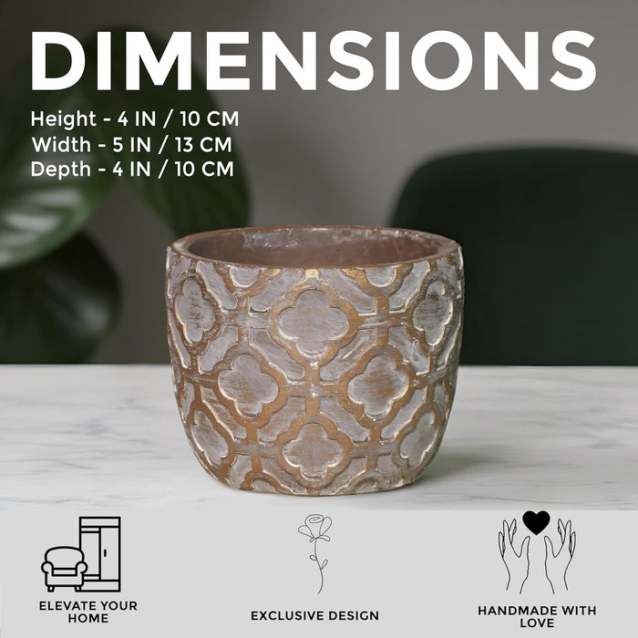 Handmade Flower Pot Indoor Outdoor Plant Pot, Fade Resistant Bronze Cement Elegant Quatrefoil Pattern Vase, Flower Vase, Cemented Flower Vases for Home Decoration and Gardening – 10x13 cm