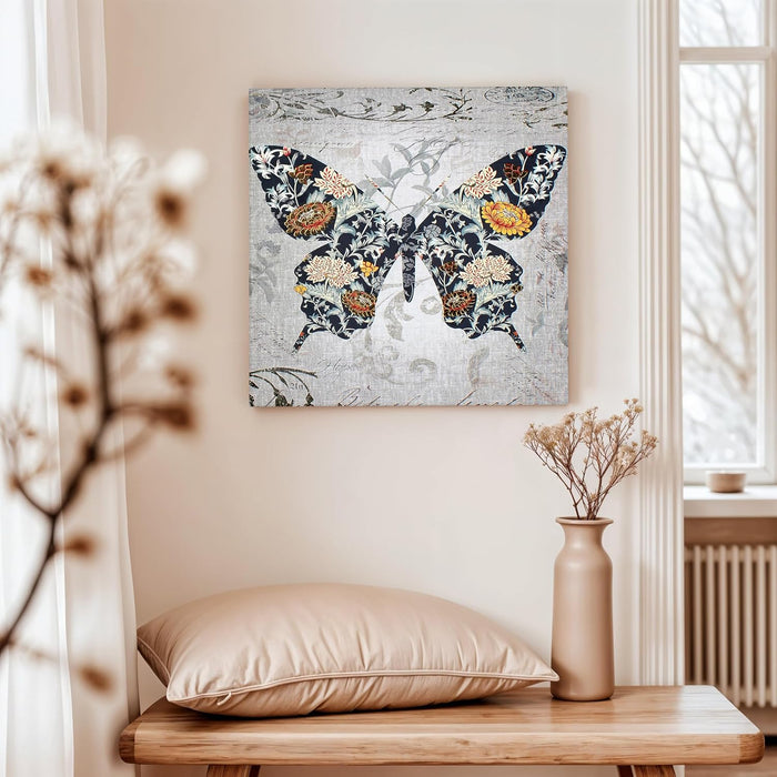 Gray and Black Butterfly Floral Art Print, Floral Large Decorative Canvas Modern Art Paintings.