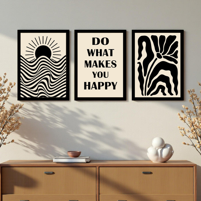 PAINTINGMANTRA Motivational Boho A3 Framed Posters for Living Room with Frame, Do What Makes You Happy Bohemian Quotes Wall Poster for Home Decor Bedroom Hallways Office Hotel Set of 3, Size 33x45 cm