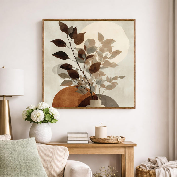 Abstract Vase Leaf Framed Painting For Living Room | Modern Botanical Large Canvas Painting With Frame Wall Art For Bedroom, Hallway's, Office, Hotel, Size 58x58 cm