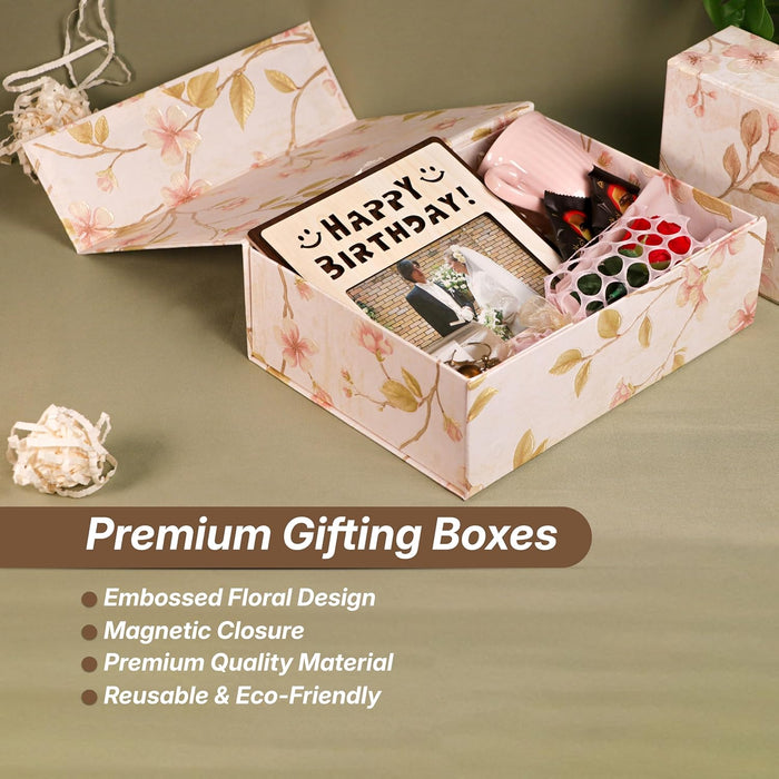 Foldable Cardboard Flowers Printed Hamper Gift Box Set of 2, Multipurpose Gift Hamper Box For Special Occasions, Wedding Gift Packaging (White)